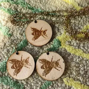 Three-piece handmade, lightweight bumblebee earrings and necklace set